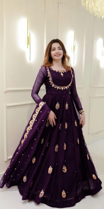 Wine Georgette Embroidery Work Gown