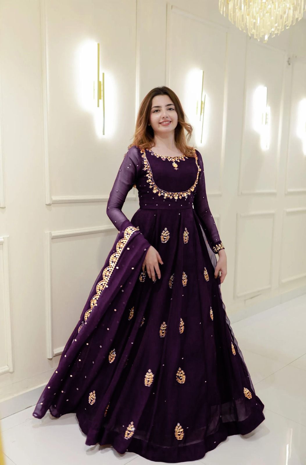 Wine Georgette Embroidery Work Gown