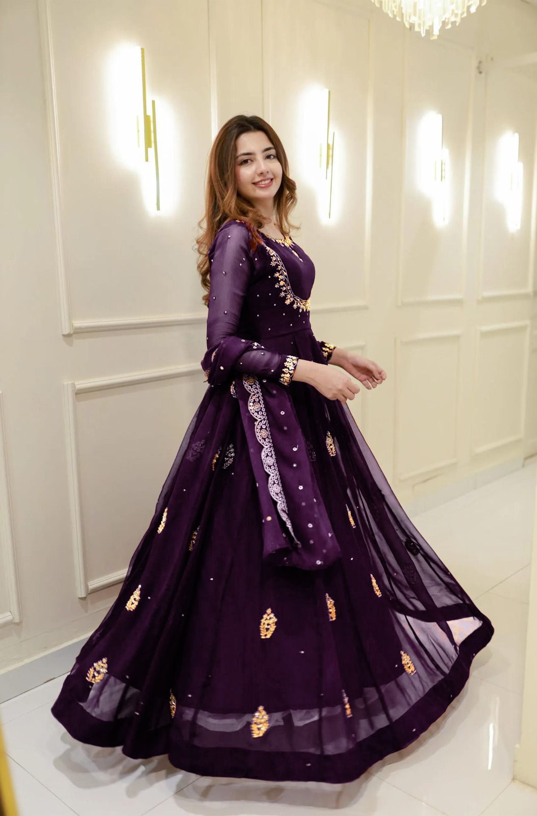 Wine Georgette Embroidery Work Gown - Image 3