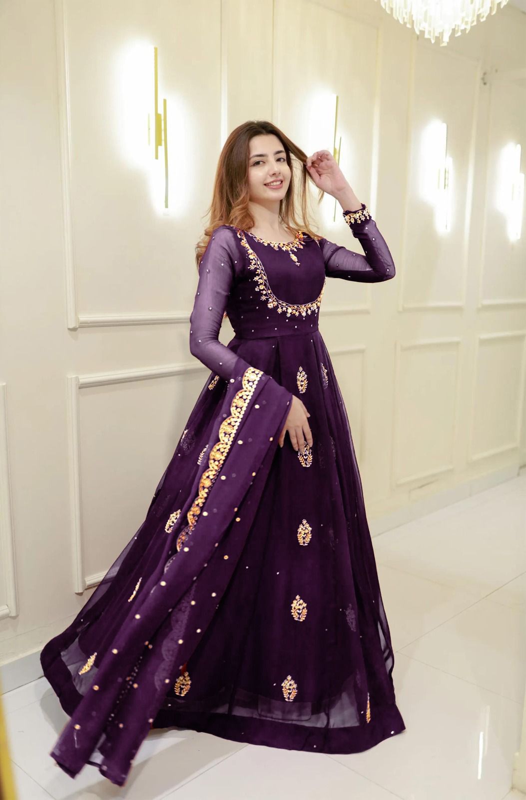 Wine Georgette Embroidery Work Gown - Image 5