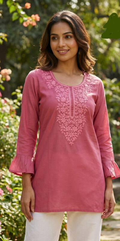 Peach Rayon Chikan Work Kurti
