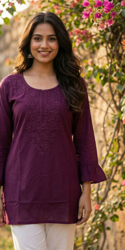 Wine Rayon Chikan Work Kurti