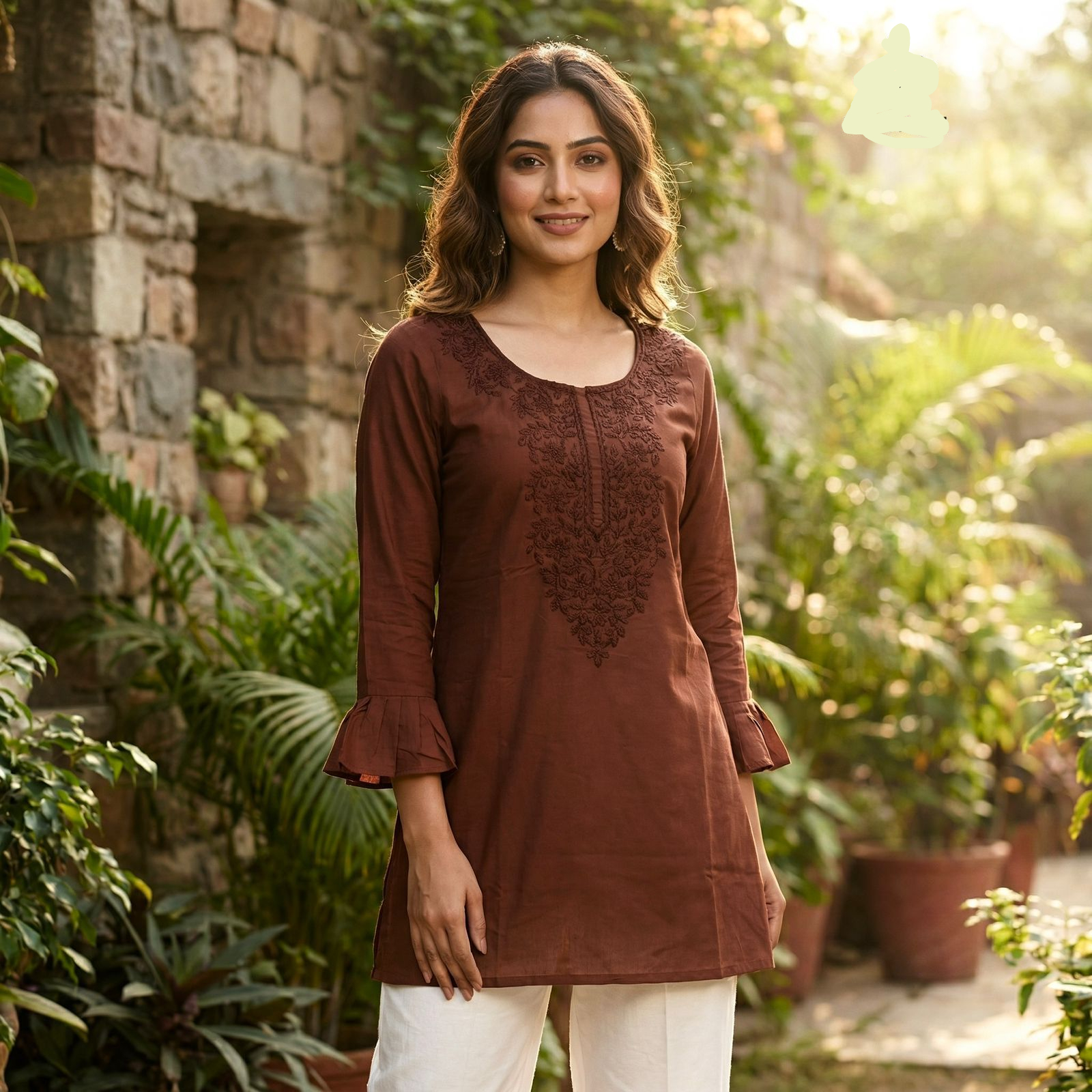 Brown Rayon Chikan Work Kurti