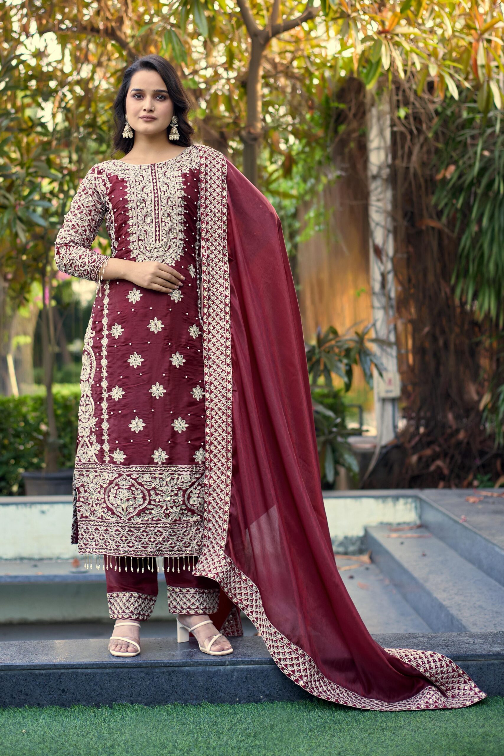 Maroon Organza Silk Embroidery Work Salwar Suit - Image 3