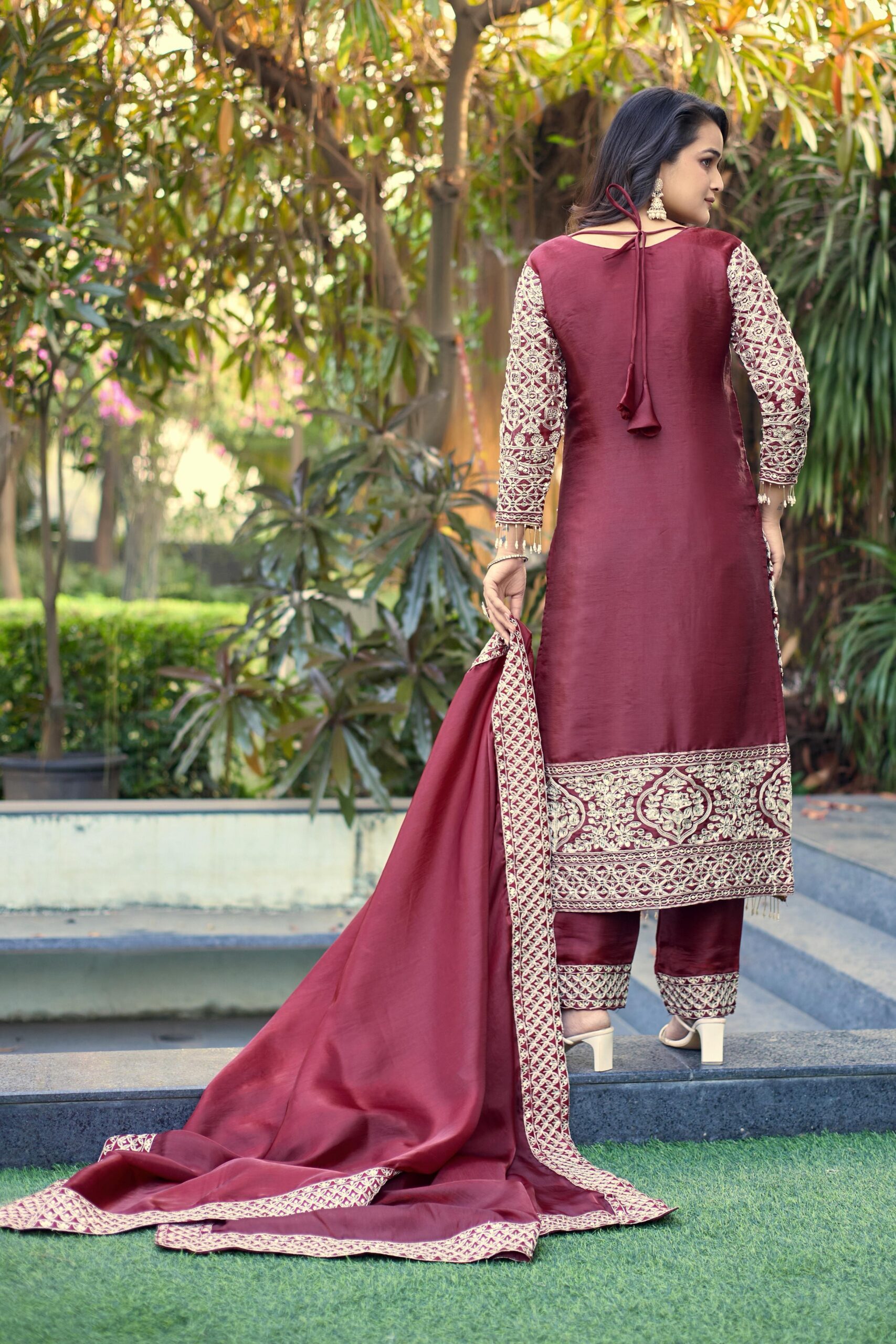 Maroon Organza Silk Embroidery Work Salwar Suit - Image 8