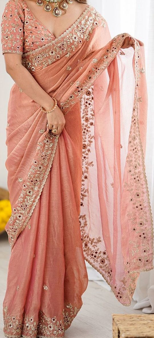 Peach Fandy Chiffon Embroidery Cut Work Saree - Image 5