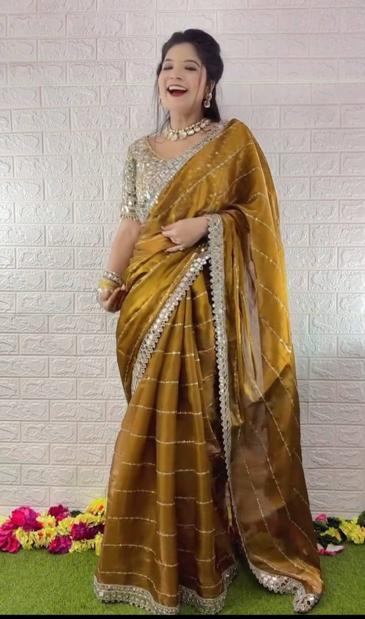 Mustered Organza Silk Mirror Embroidery Work Saree