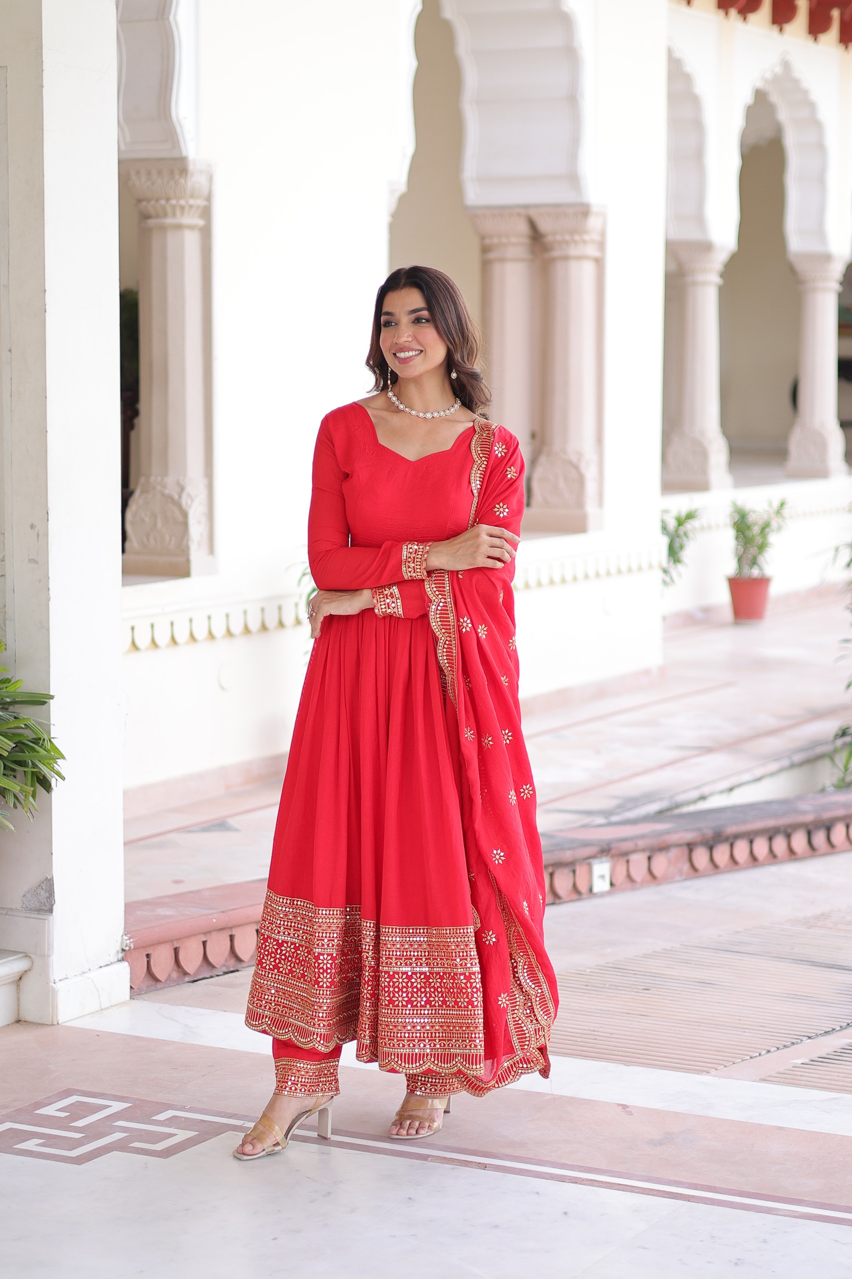 Red Vichitra Silk Embroidery Sequins Work Gown - Image 4
