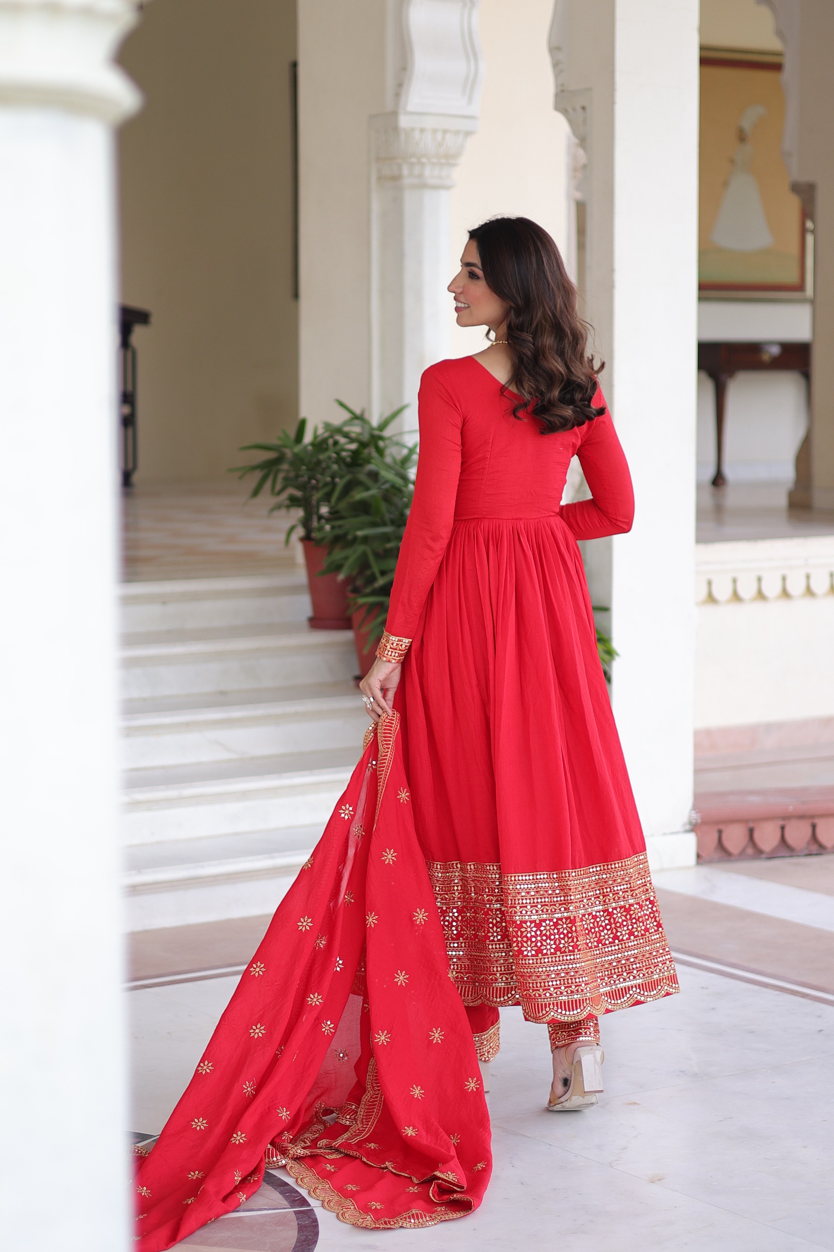 Red Vichitra Silk Embroidery Sequins Work Gown - Image 8