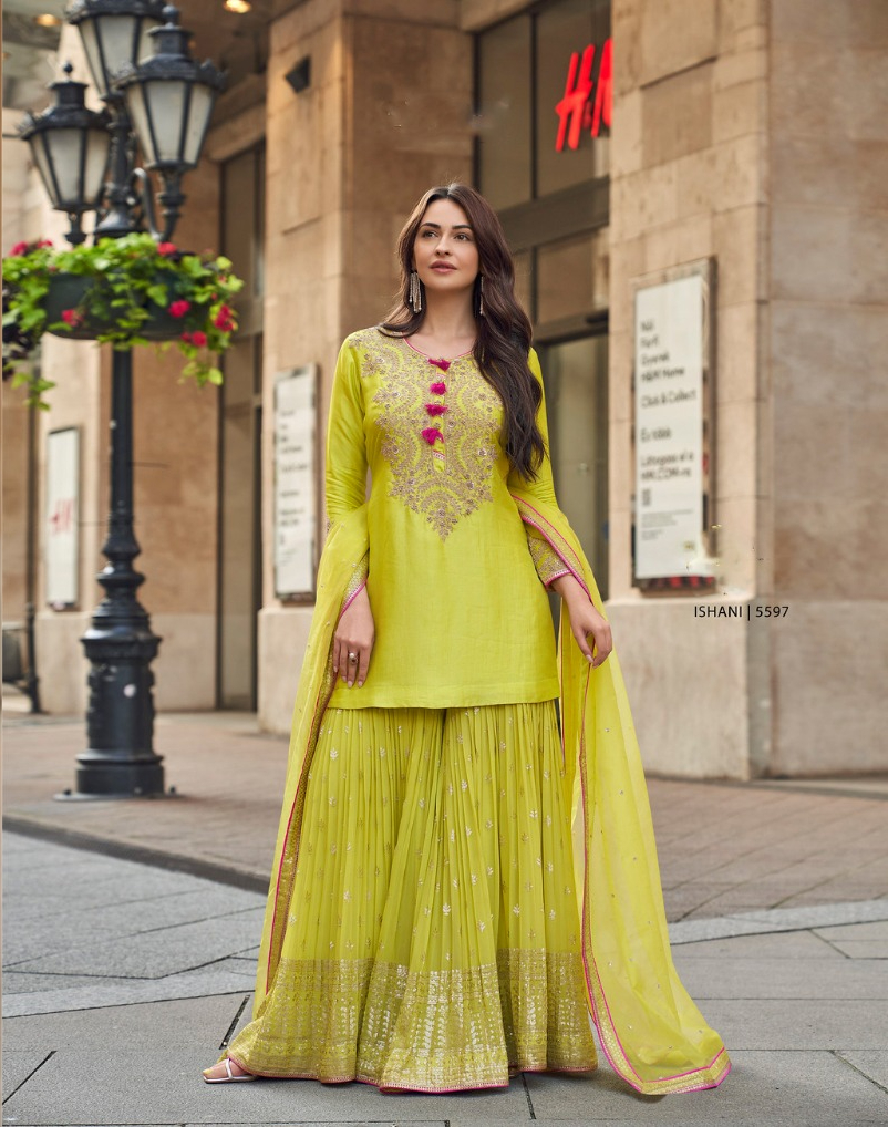 Lime Yellow Georgette Embroidery Lace Work Salwar Suit