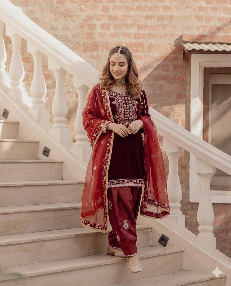 Maroon Organza Embroidery Work Salwar Suit