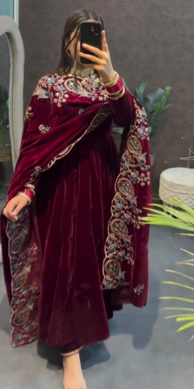 Maroon 9000 Velvet Embroidery Lace Work Salwar Suit