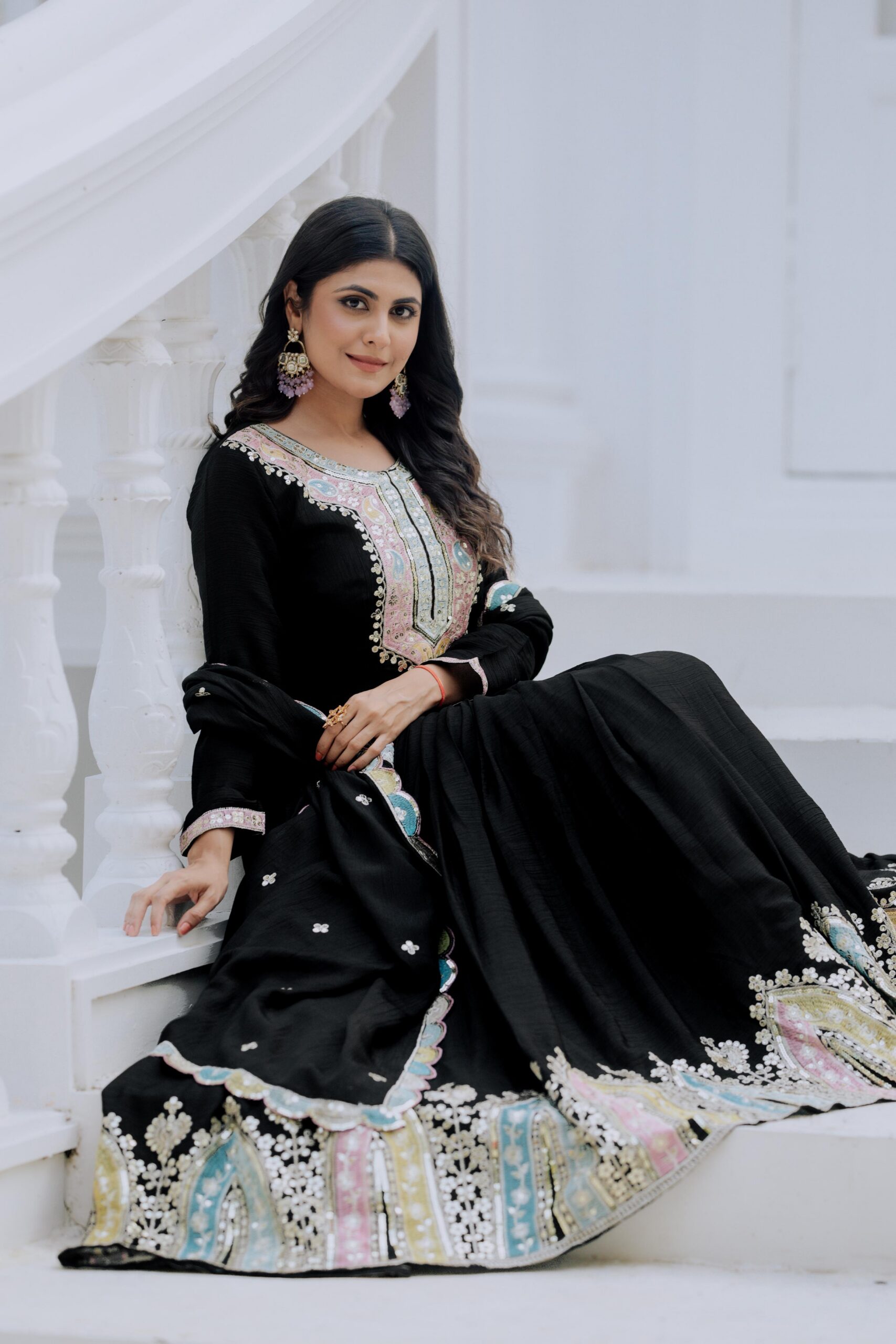 Black Chinon Silk Embroidery Work Salwar Suit - Image 6
