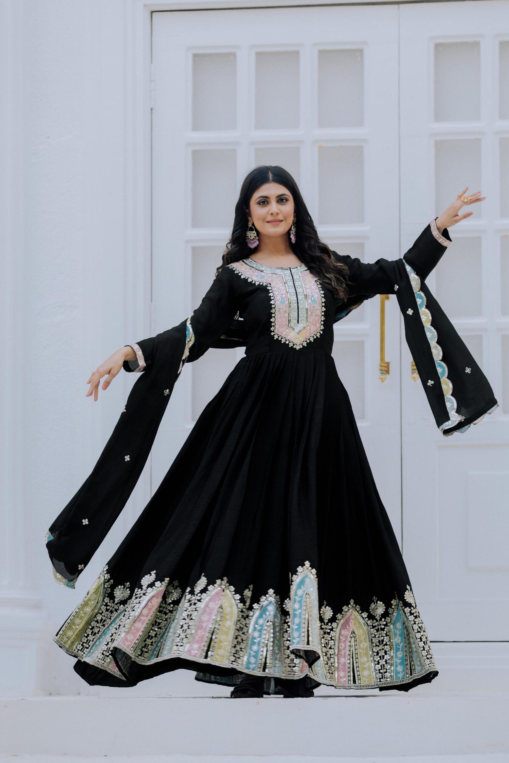 Black Chinon Silk Embroidery Work Salwar Suit