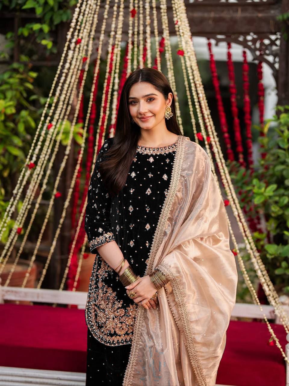 Black Viscose Velvet Thread Sequence Work Salwar Suit - Image 3