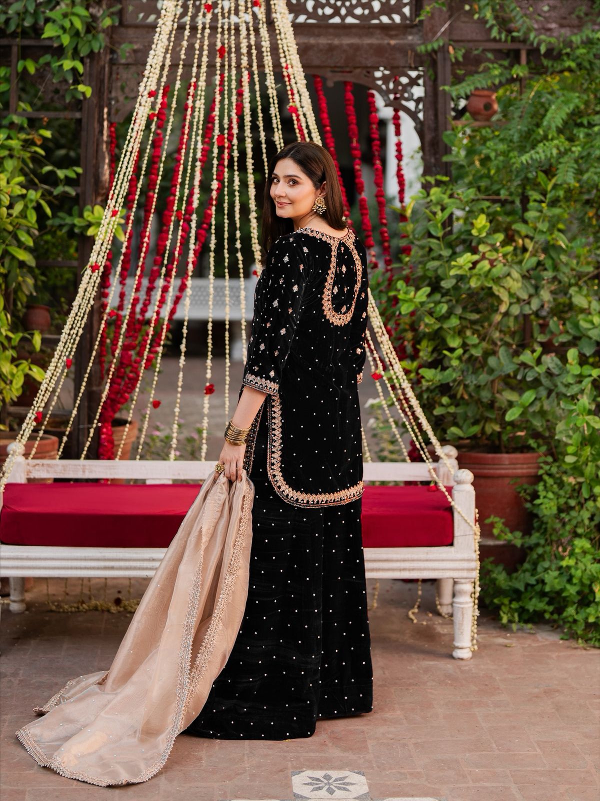 Black Viscose Velvet Thread Sequence Work Salwar Suit - Image 2
