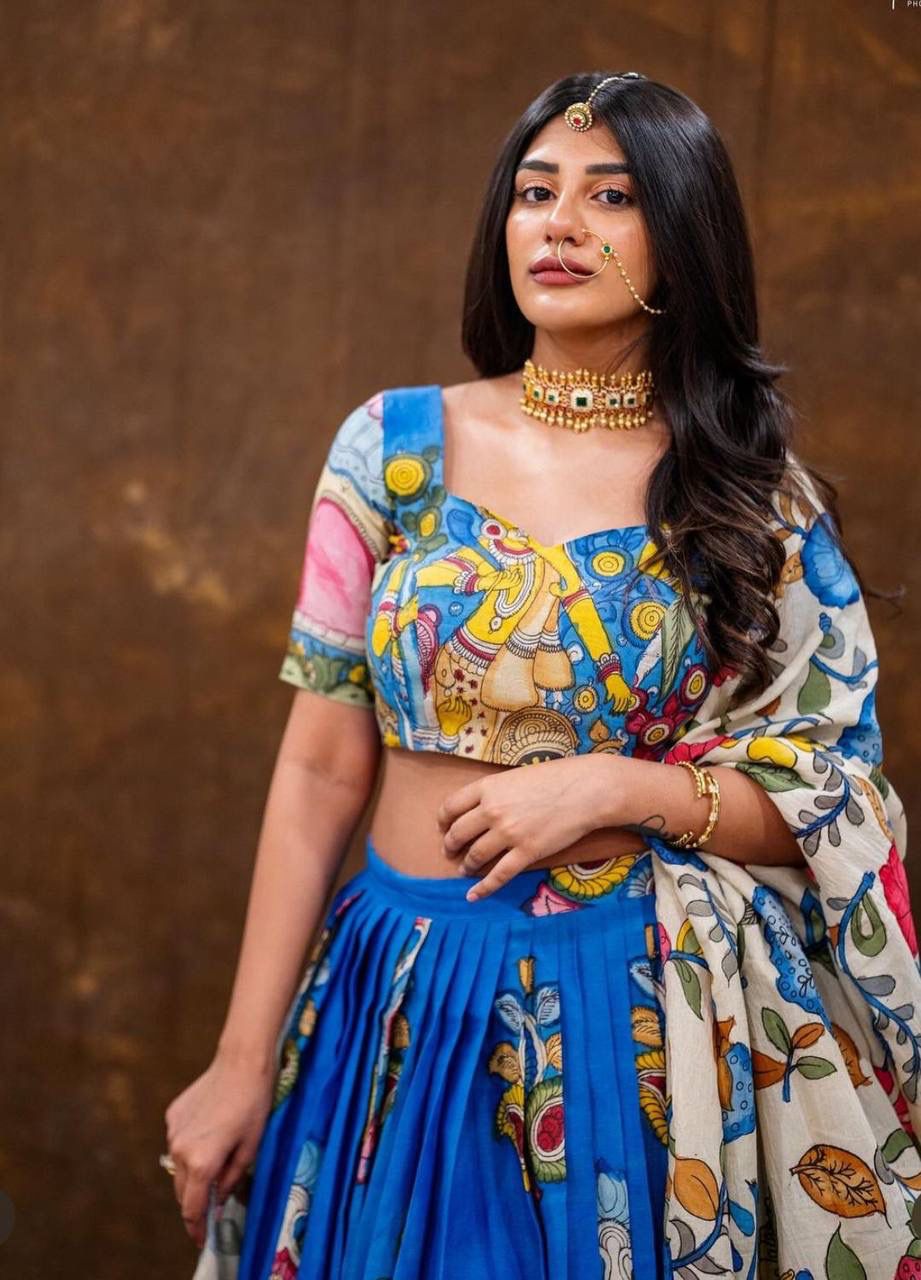 Blue Chent Crep Kalamkari Print Work Lehenga Choli - Image 4