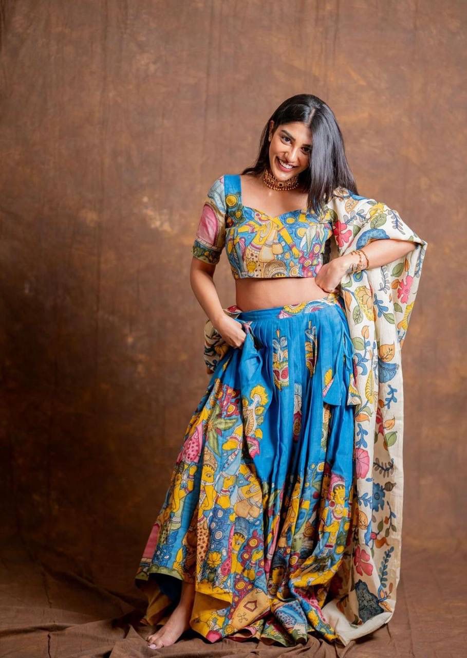 Blue Chent Crep Kalamkari Print Work Lehenga Choli - Image 2