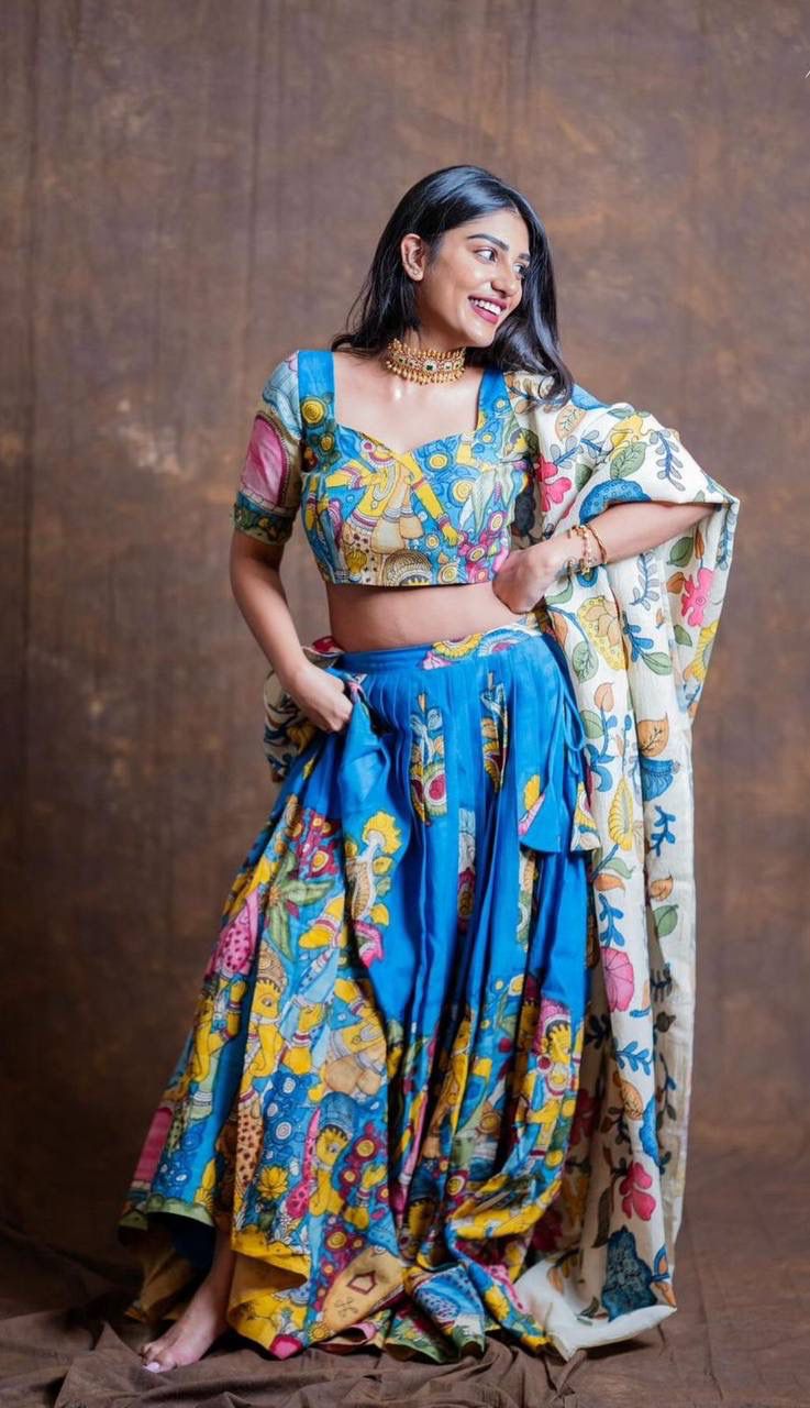 Blue Chent Crep Kalamkari Print Work Lehenga Choli