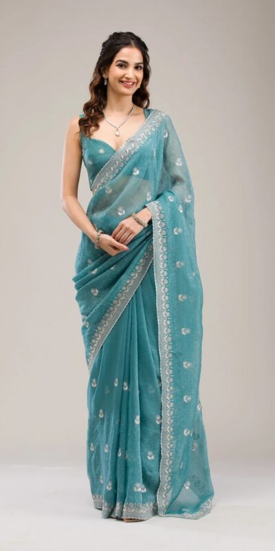 Blue Crunchy Ciffon Embroidery Zari Work Saree