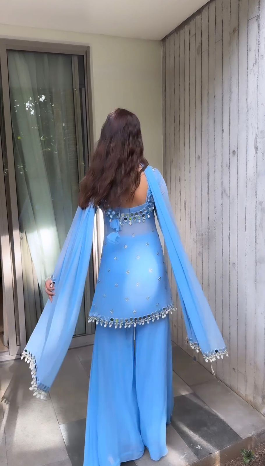 Blue Faux Georgette Cowrie Mirror Work Salwar Suit - Image 3