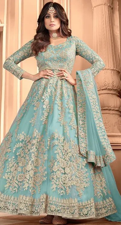 Blue Heavy Net Embroidery Work Salwar Suit