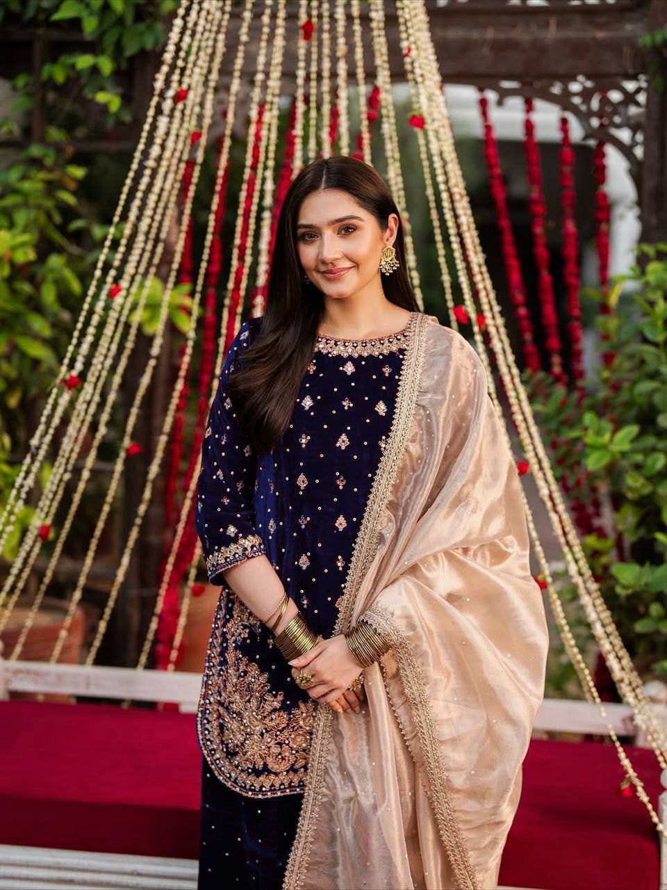 Blue Viscose Velvet Thread Sequence Work Salwar Suit - Image 3