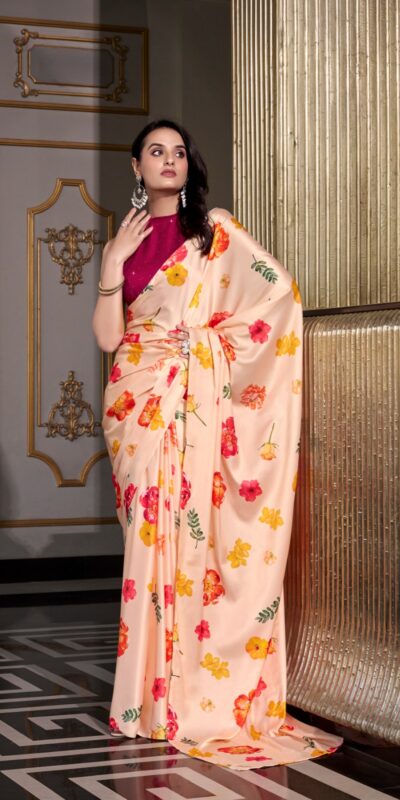 YNF 7026 Cream Color Satin Silk Printed Saree Casual, Wedding, Festive, Events . Expected Delivery  4-6 Working Days @1599/- only                                                                                                                                           | Sarees, Bollywood Sarees, Creative Sarees, Designer Sarees, Embroidered Sarees, Ethnic Saree, Modern Digital sarees, Party Wear Sarees