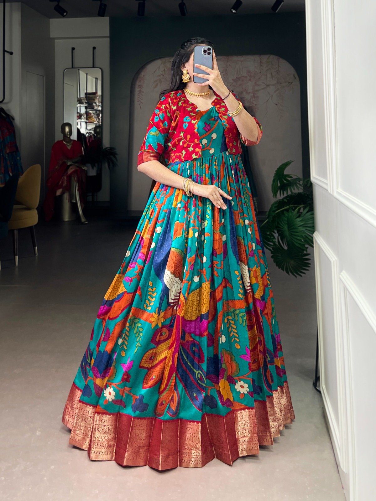 Firozi Taser Silk Zari Work Kalamkari Print Gown - Image 2