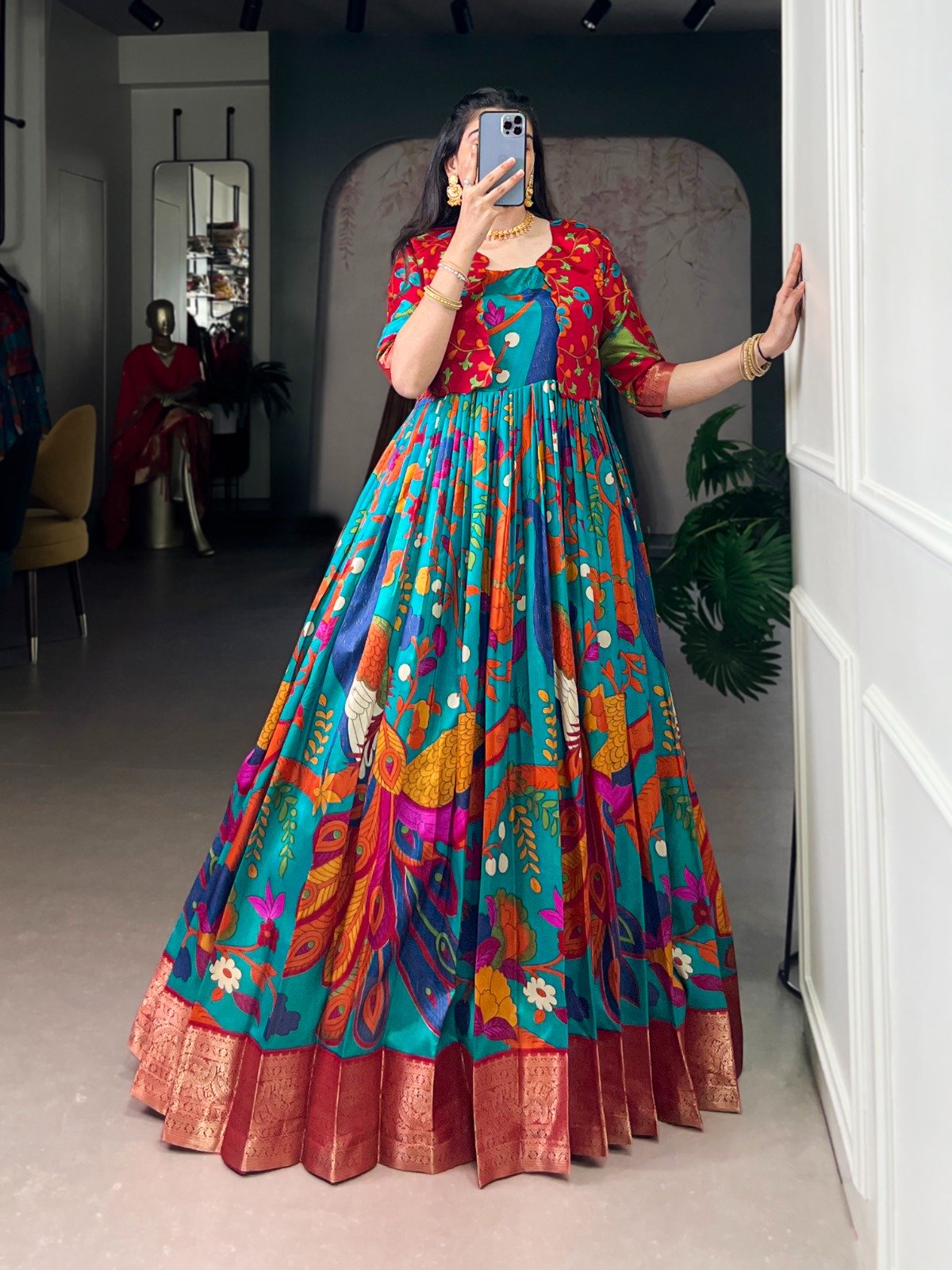 Firozi Taser Silk Zari Work Kalamkari Print Gown