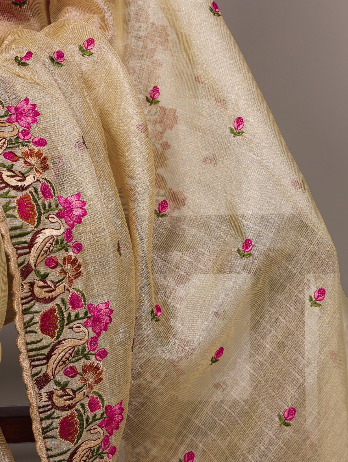 Gold Zari Kota Tissue Embroidery Zari Work Saree - Image 3