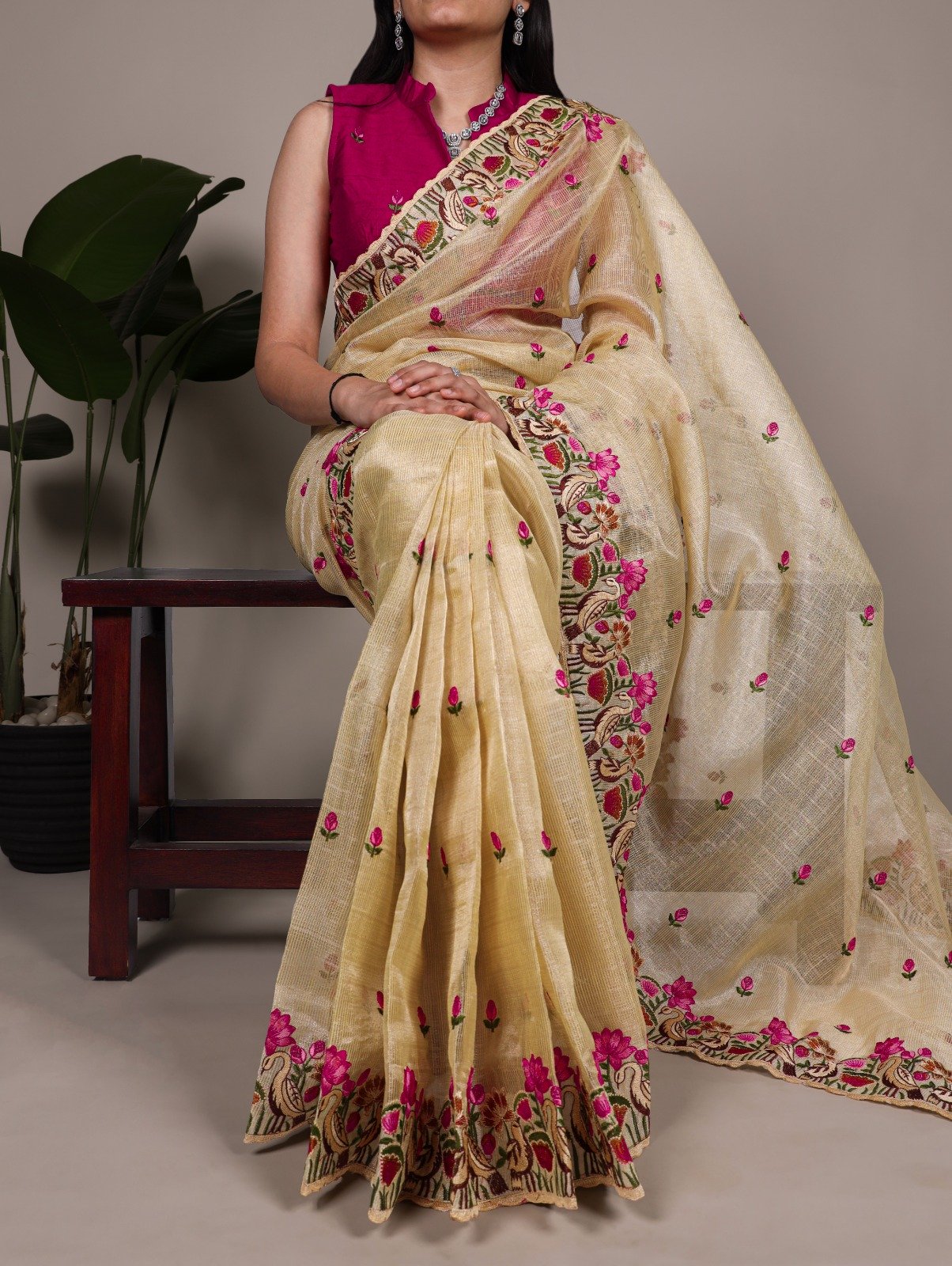 Gold Zari Kota Tissue Embroidery Zari Work Saree