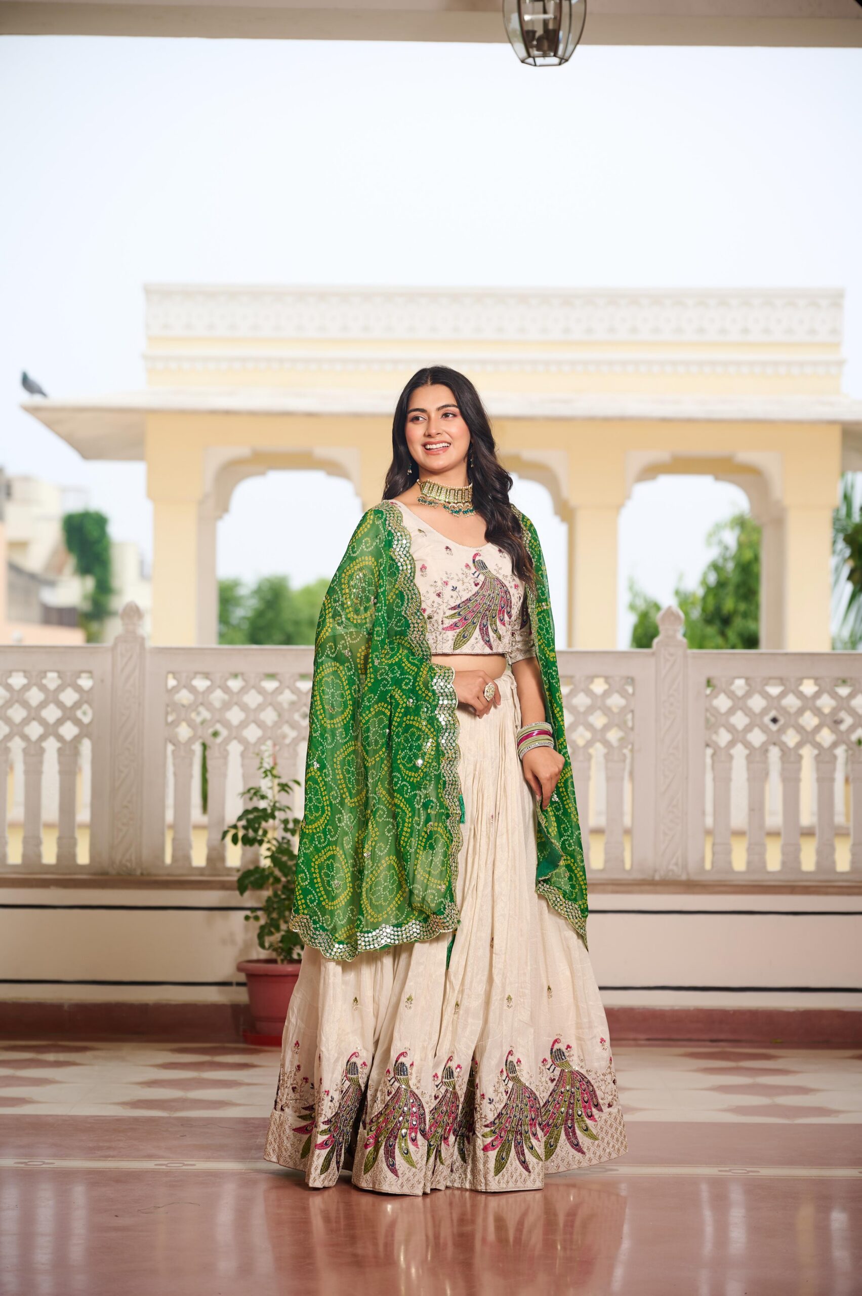 Green Pure Tissue Silk Embroidery Work Lehenga Choli - Image 2