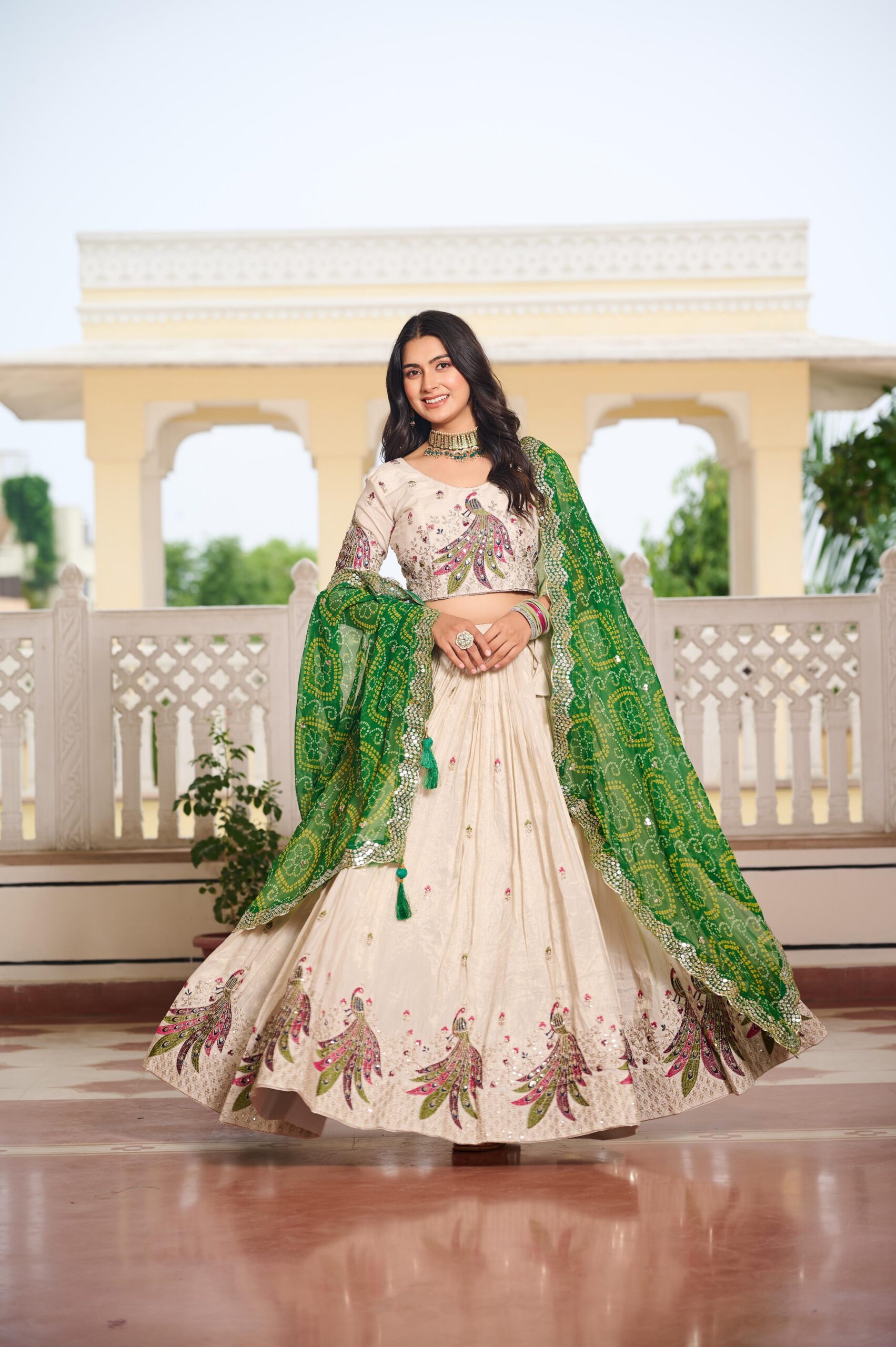 Green Pure Tissue Silk Embroidery Work Lehenga Choli