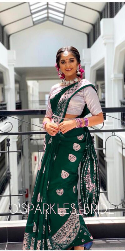 Green Soft Lichi Silk Lace Work Border Saree