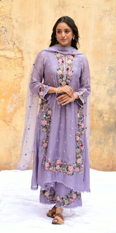 Lavender Faux Georgette Embroidery Lace Work Salwar Suit
