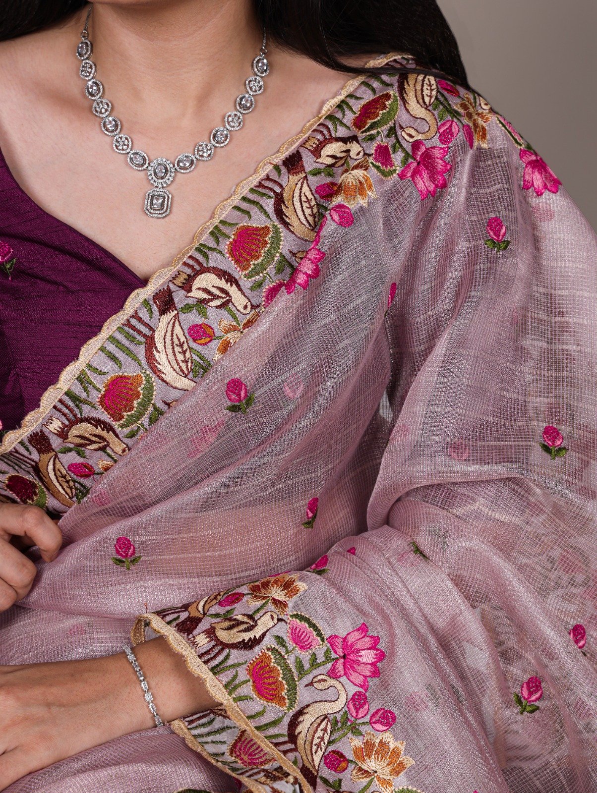 Lavender Zari Kota Tissue Embroidery Zari Work Saree - Image 2