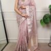Light Pink Kota Tissue Zari Embroidery Work Saree