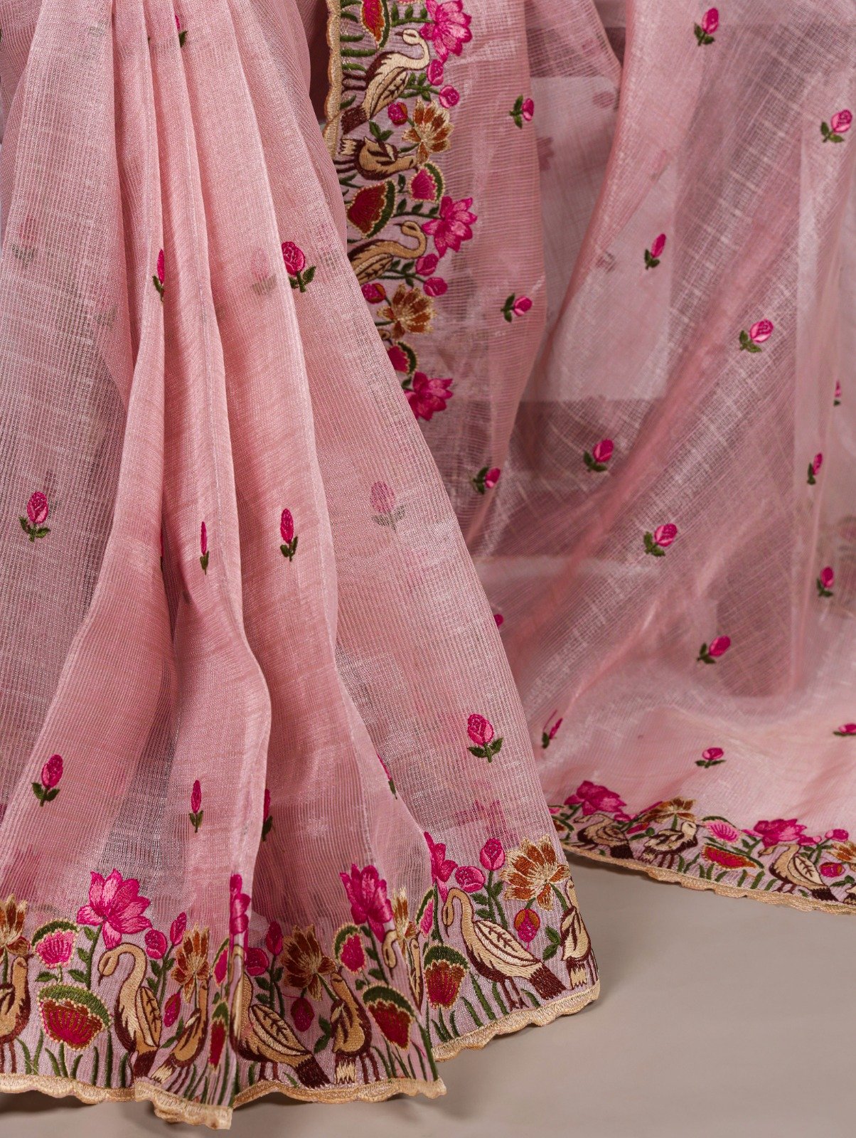 Light Pink Zari Kota Tissue Embroidery Zari Work Saree - Image 3