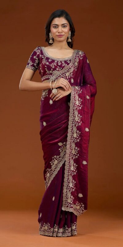 Maroon Fandy Satin Silk Embroidery Work Saree