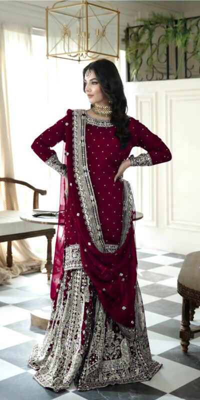 Maroon Faux Georgette Embroidery Rivet Moti Work Salwar Suit