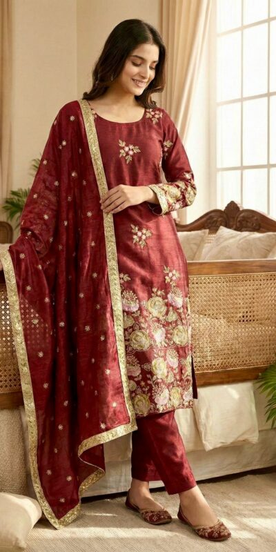 Maroon Organza Poly Silk Embroidery Work Salwar Suit