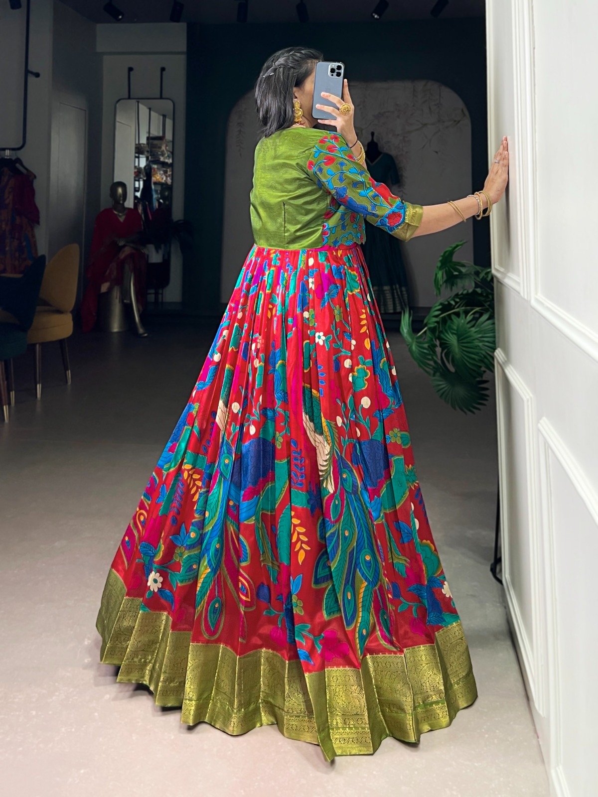 Maroon Taser Silk Zari Work Kalamkari Print Gown - Image 3