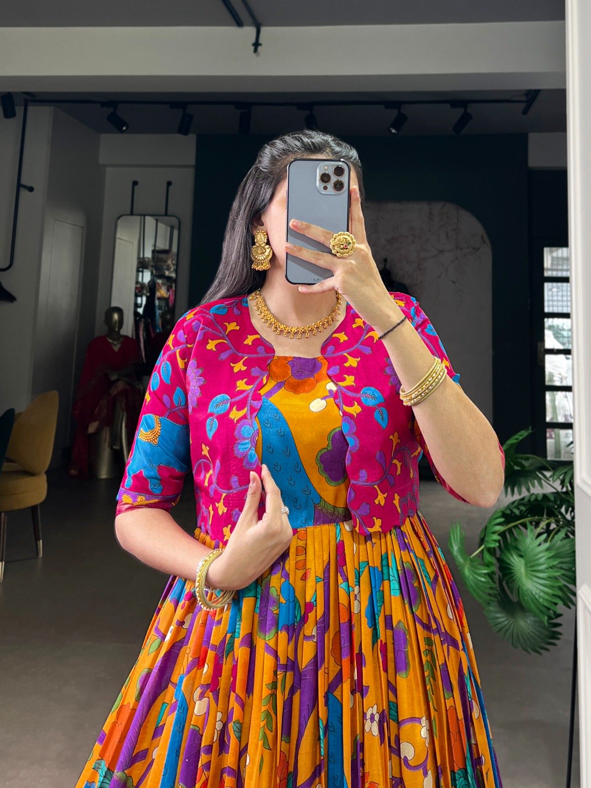 Mustard Taser Silk Zari Work Kalamkari Print Gown - Image 5