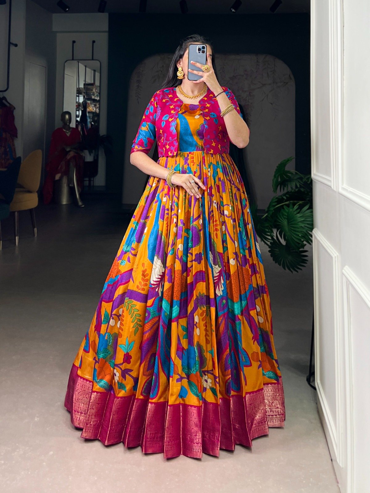 Mustard Taser Silk Zari Work Kalamkari Print Gown - Image 2