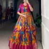 Mustard Taser Silk Zari Work Kalamkari Print Gown