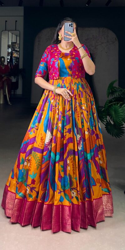 Mustard Taser Silk Zari Work Kalamkari Print Gown
