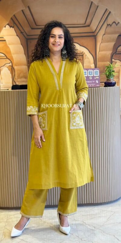 Mustered Cambric Cotton Embroidery Lace Work Kurti