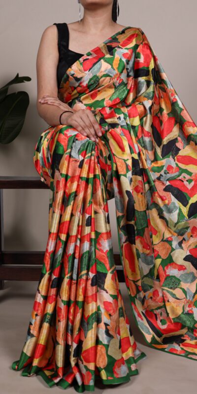 Mustered Satin Silk Floral Print Saree