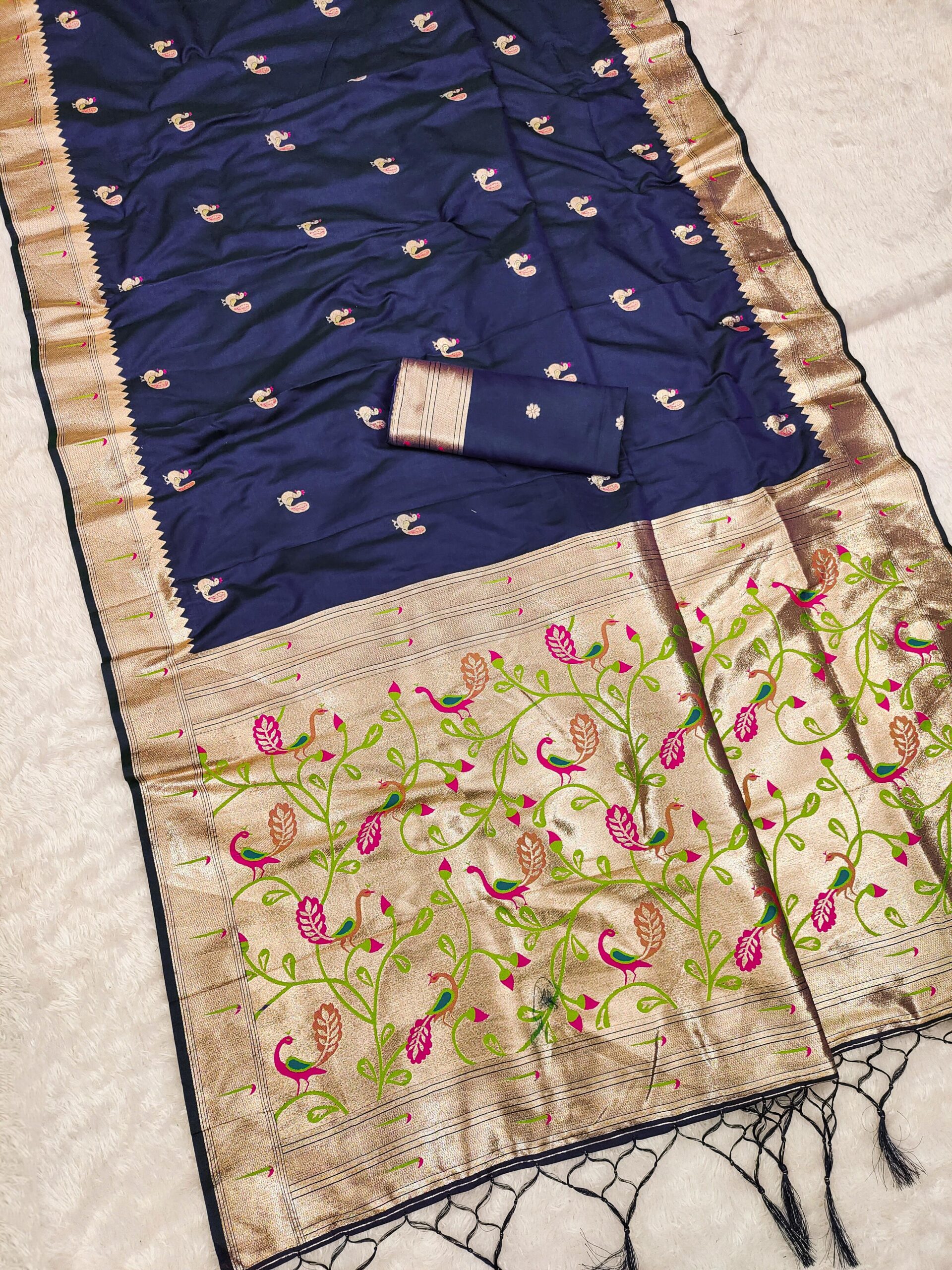 Navy Blue Soft Paithani Silk Lace Zari Work Saree